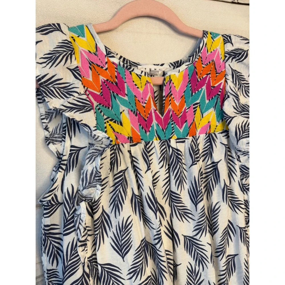THML Women Navy Palm Print Mini Dress Embroidered Yoke Ruffle Sleeve Small